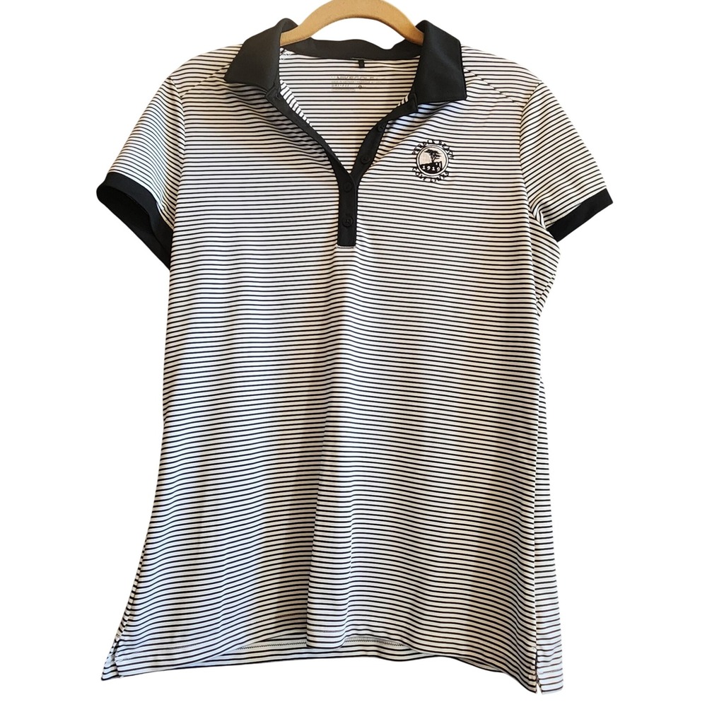 Nike Golf Polo Womens Large Black White Pebble Beach Dri-FIT Stripe Excellent